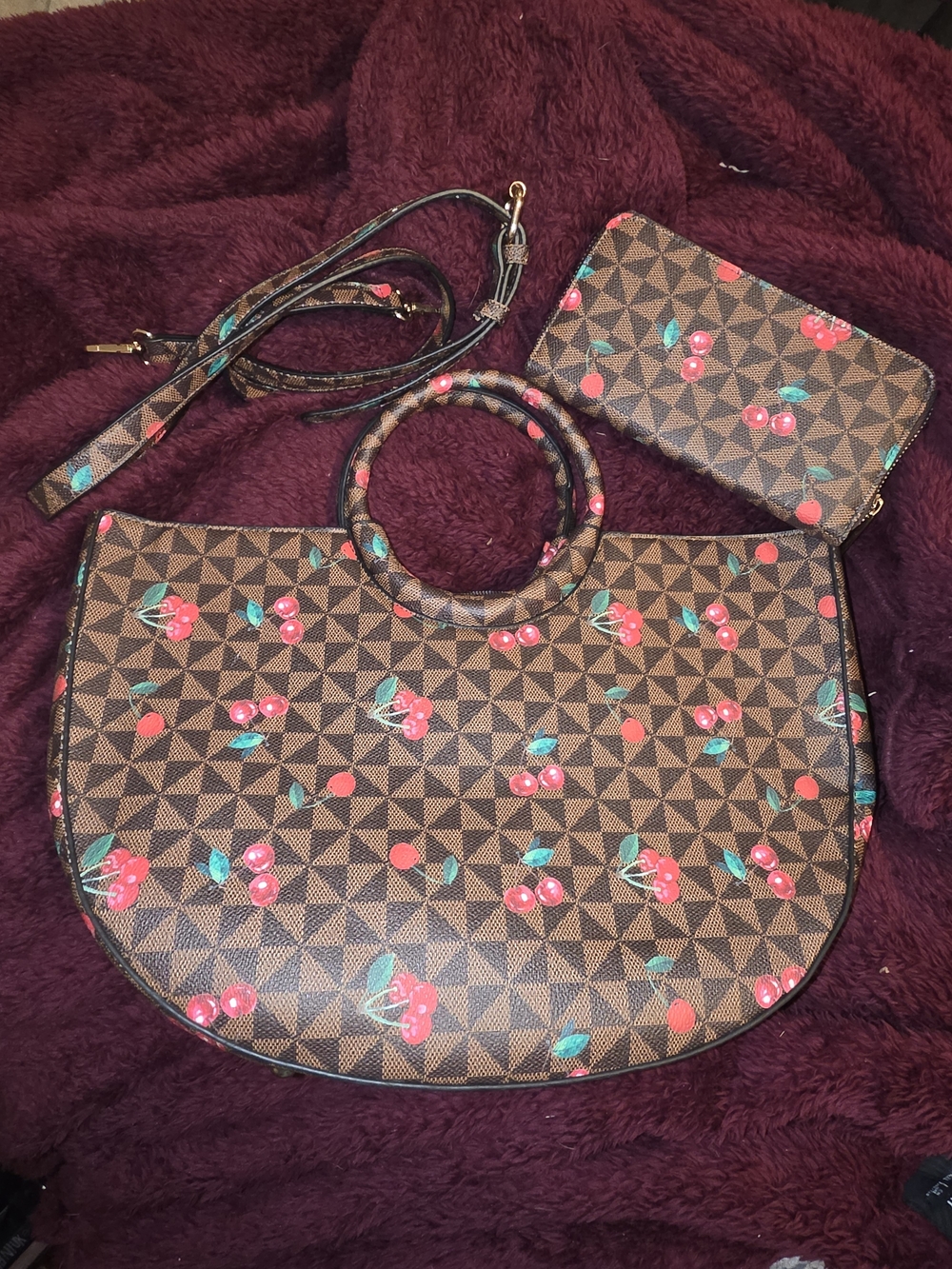 Cherry Print Brown Tote Bag with Matching Wristlet - Women Bags